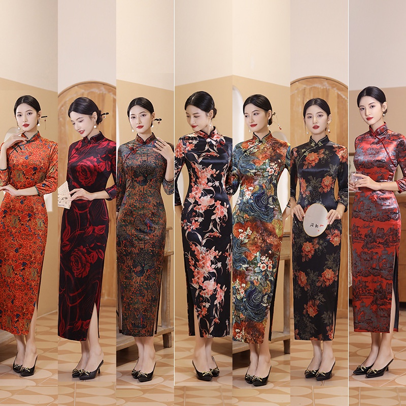 Cheongsam Dress For Women New Velvet Cheongsam Large Cheongsam Long Nine Quarter Sleeve 