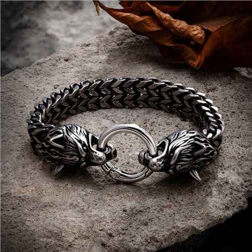 △Vikings Wolf Head Bracelets Gold Stainless Steel Norse Mesh Chain Mens Celtic Wolf Bangle Gun Bla