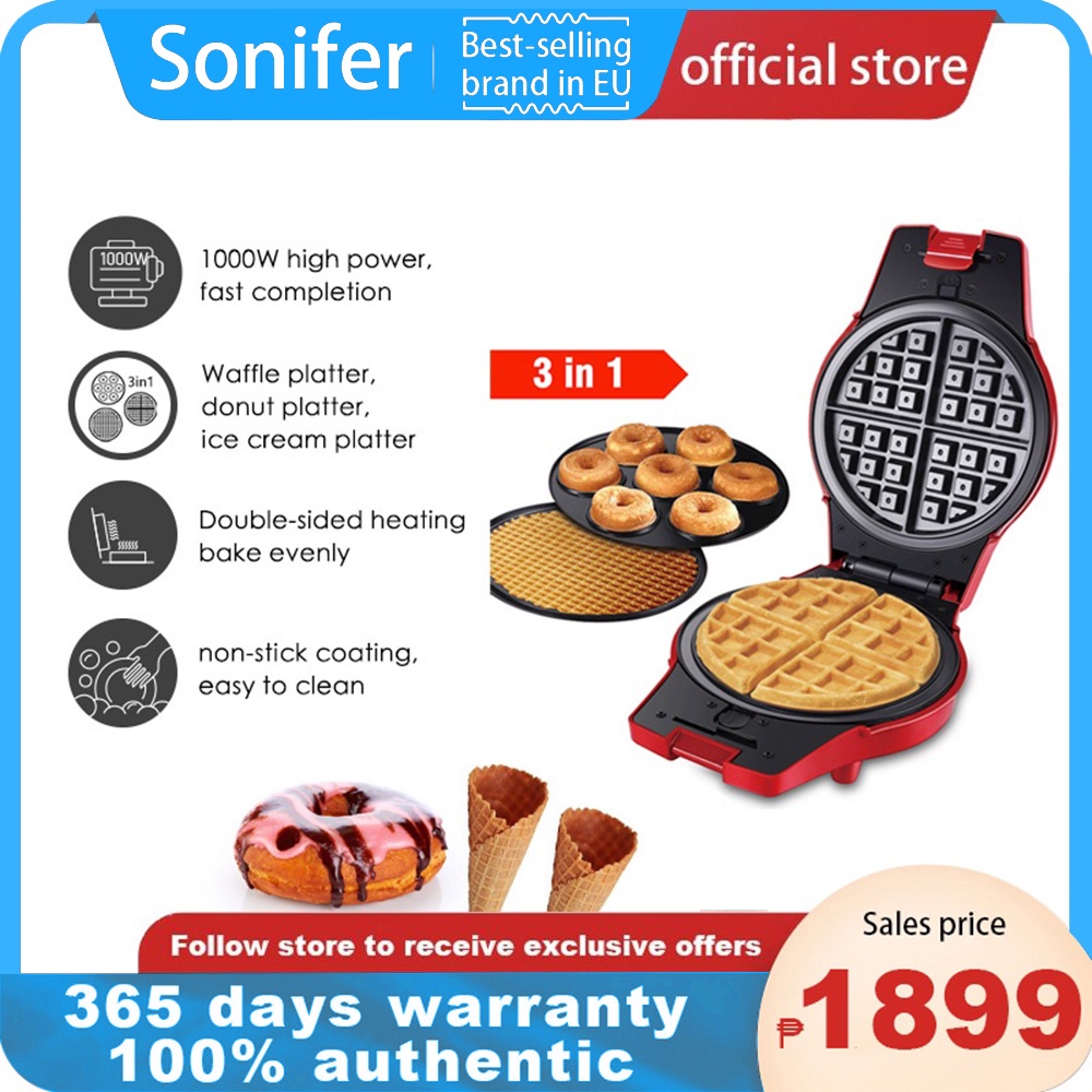 Sonifer 3in1 waffle maker nonstick surface heating suitable for donuts waffles ice cream cones