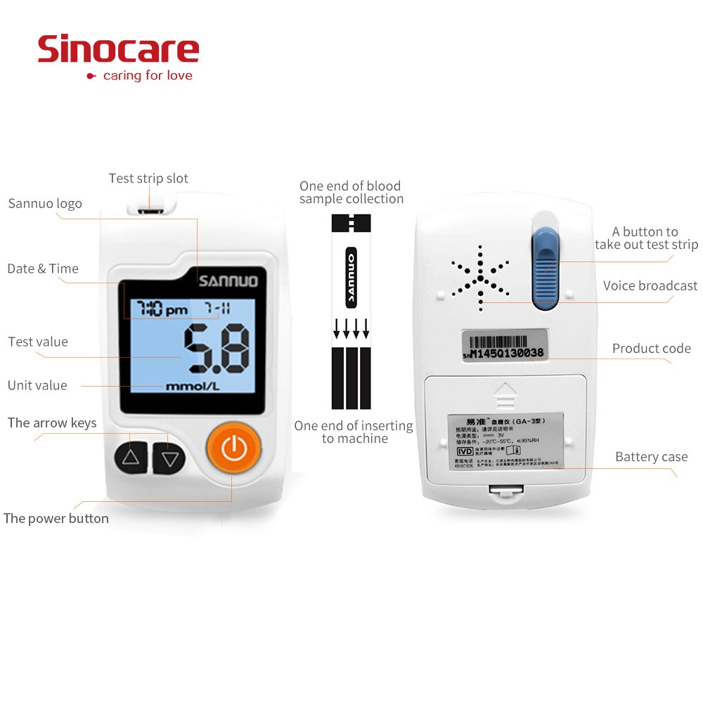 Sinocare GA-3 Glucometer Monitor Diabetic Glucose Meter Blood Sugar Test Kit With Strips And Lancets