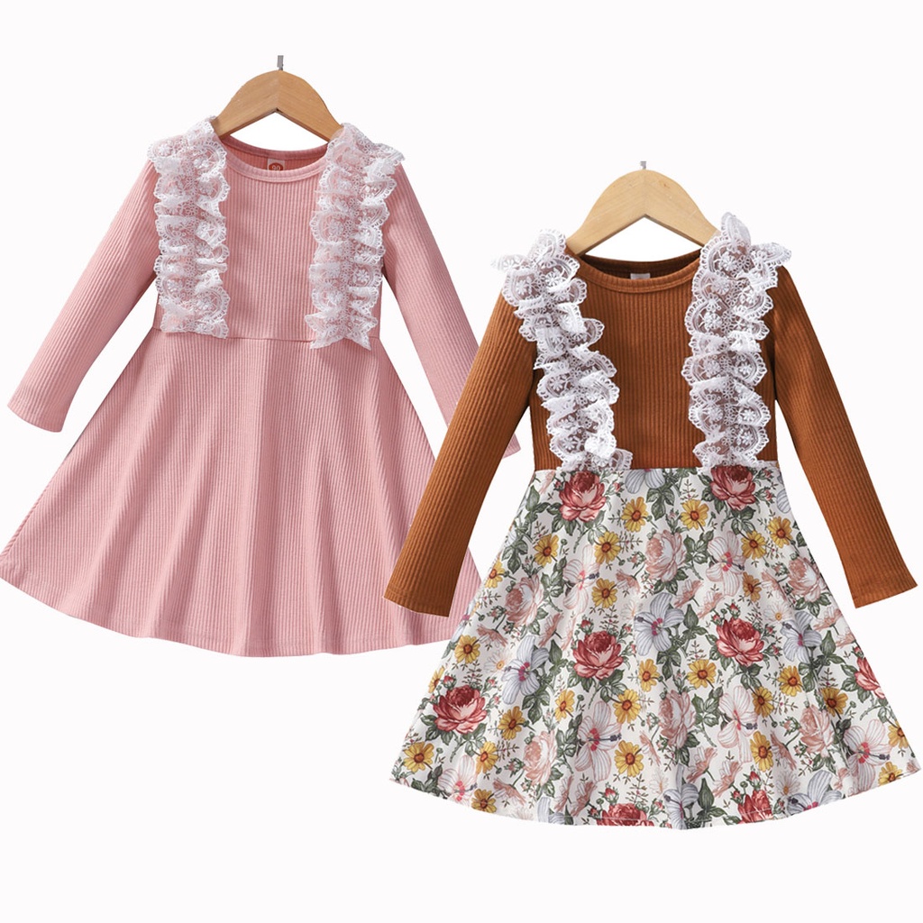 1-6years Old Fashion Kids Dress for Girls Long Sleeve Lace Flower A Line Dress Casual Wear Princess Birthday Outfit Children Clothes