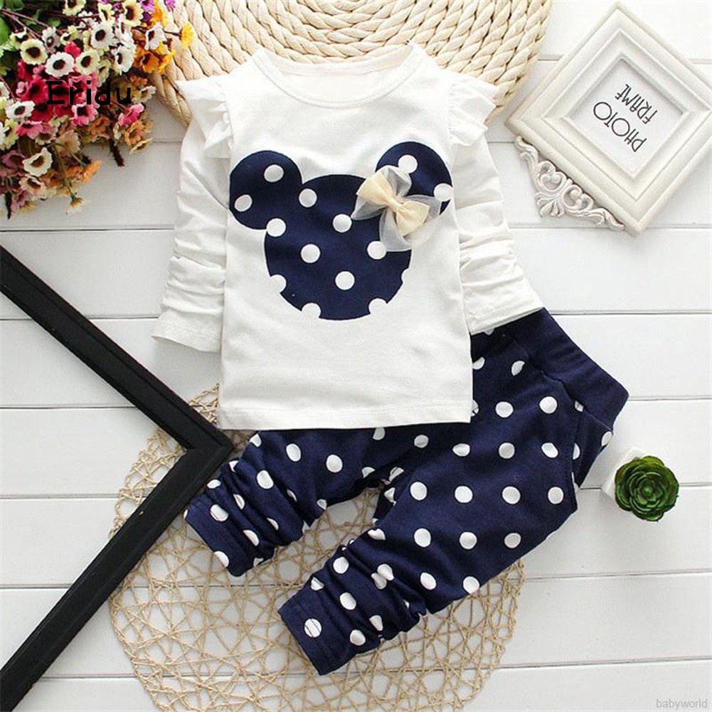 ERI.nzt_2Pcs Baby Girl Minnie Mouse Bowknot Polka Dot Long Sleeve Pants Kids Outfit