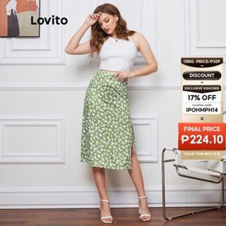 Lovito Cute Floral Print Split Thigh Women Skirts L08213 (Green/Blue/Red)