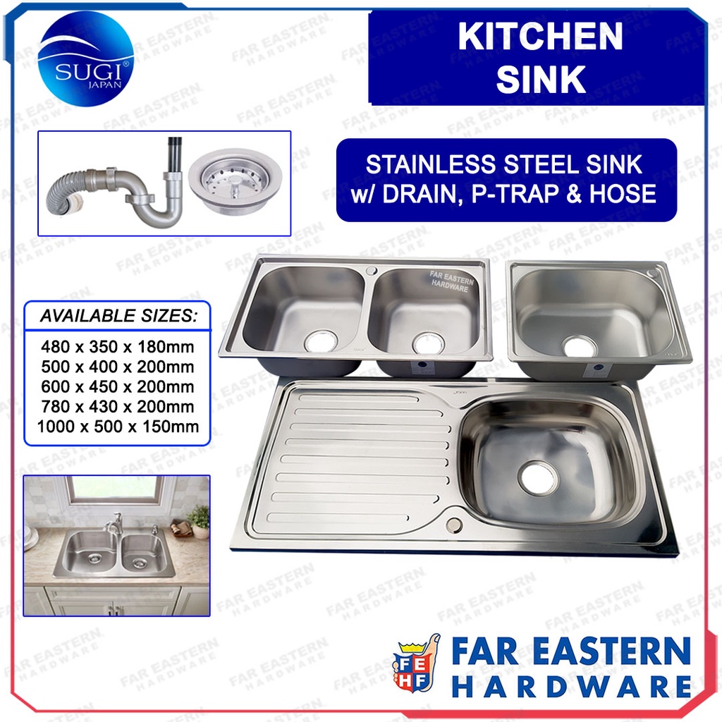 SUGI JAPAN Kitchen Sink Single Double Stainless Steel w/ Drain PTrap