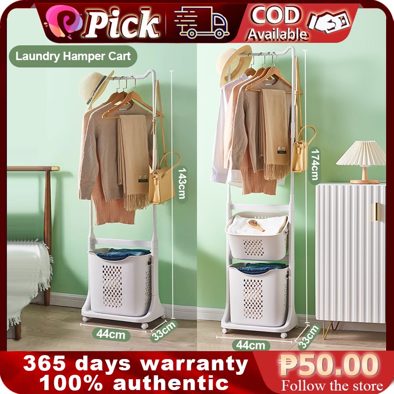 Laundry Hamper Basket Shelf Cart Rolling Wheels with Hanging Bar Dirty