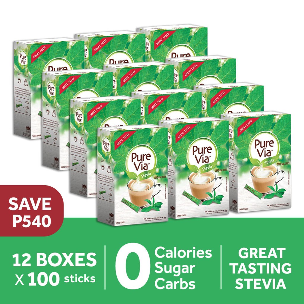 PURE VIA STEVIA 12 boxes x 100 sticks, Zero Calorie Sweetener Stevia