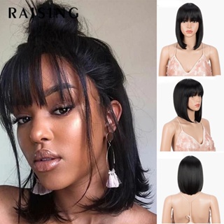 Raising Straight Black Synthetic Wigs With Bangs For Women Ombre Yellow Short Bob Wig Heat Resistant bob Hairstyle Cosplay wigs