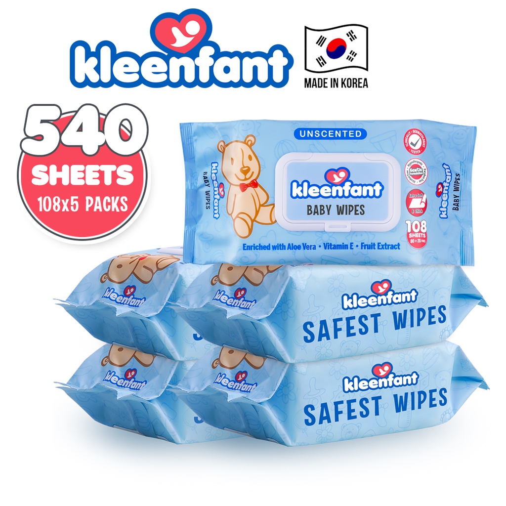 Kleenfant Baby Wipes Unscented 108 Sheets 5 packs Newborn Wet Wipes for