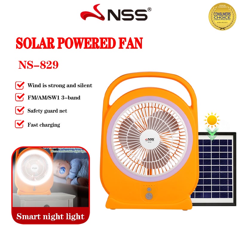 NSS Solar Electric Fan Portable Fan Solar Panel Charging Fan with LED