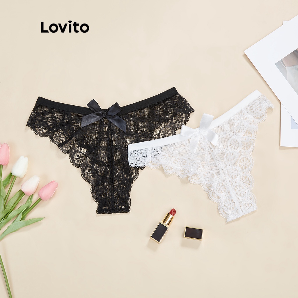 Lovito Lace Sexy Lacework Bow Back V String Bow Tie Panties For Women