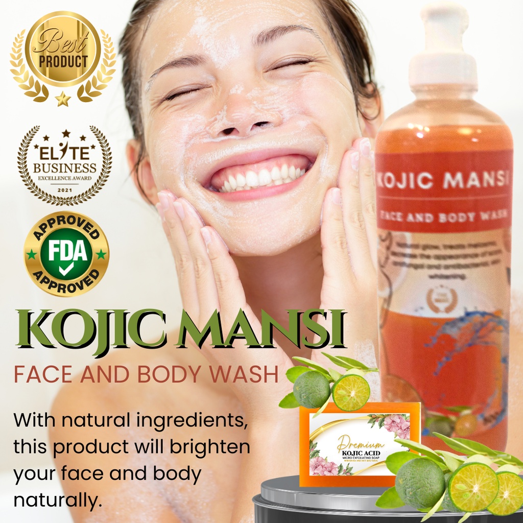 KOJIC MANSI FACE AND BODY WASH 500 ML + FREE MADELENE KOJIC SOAP 135G