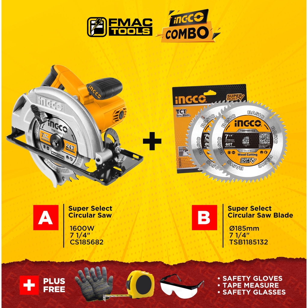INGCO COMBO Circular Saw 7 1/4" CS185682 1600W + TCT Circular Saw Blade