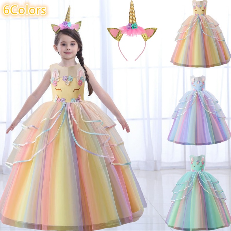 Fantasy Unicorn Rainbow Princess Dress for Christmas Party Long Dress