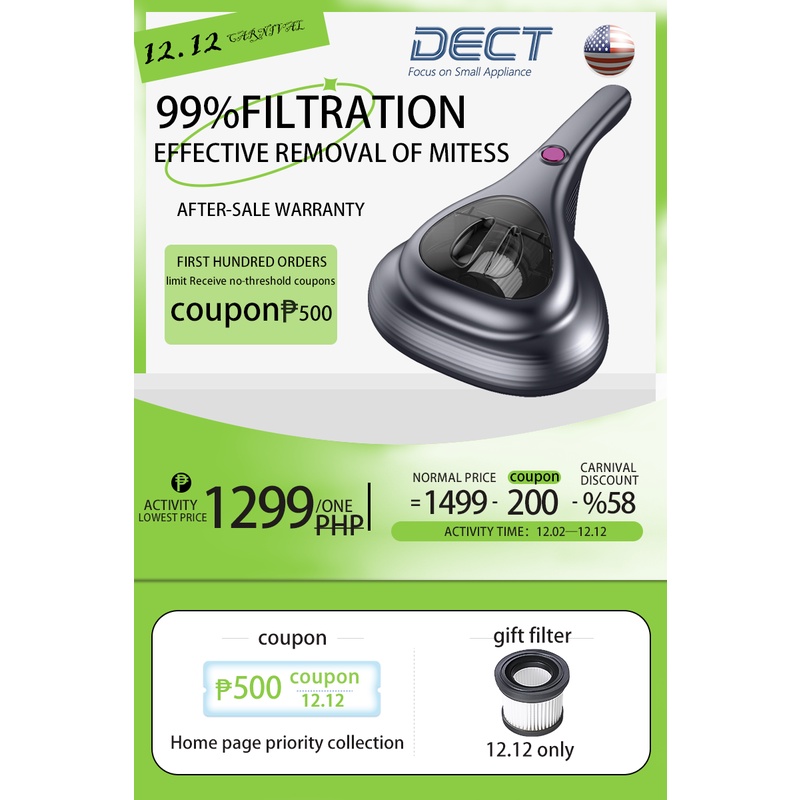 DECT Dust Mite Cleaner, 14kPa Vacuum Cordless UV Light Sterilisation