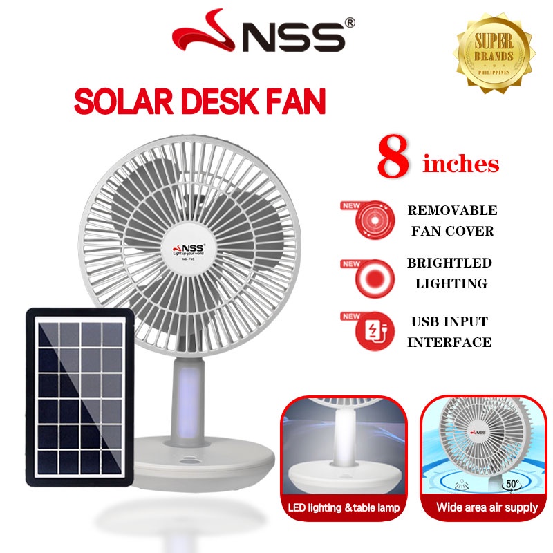 NSS Solar Desk Fan with Light 8"solar Rechargeable Fan solar Electric
