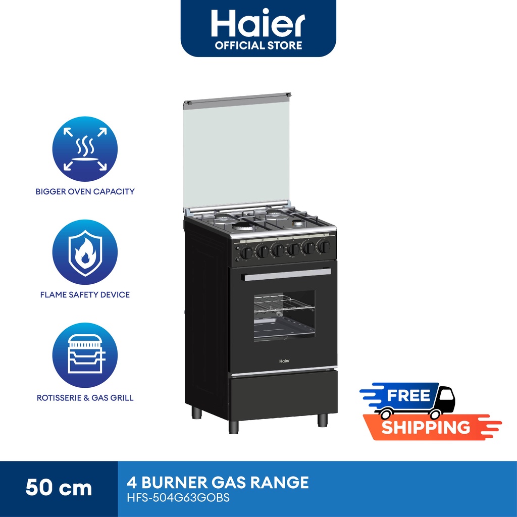 Haier HFS504G63GOBS 50cm 4 Gas Burners with 63L Double Burner Gas Oven