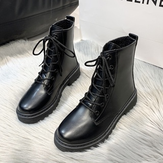 Korean flat mid-heel mid-tube lace-up casual women's boots high quality leather martin boots