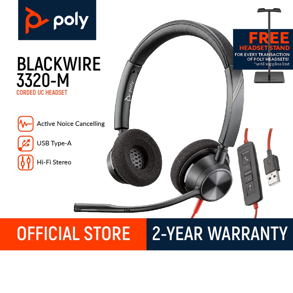 Plantronics Poly Black Wire 3320M USBA Stereo Headset Shopee