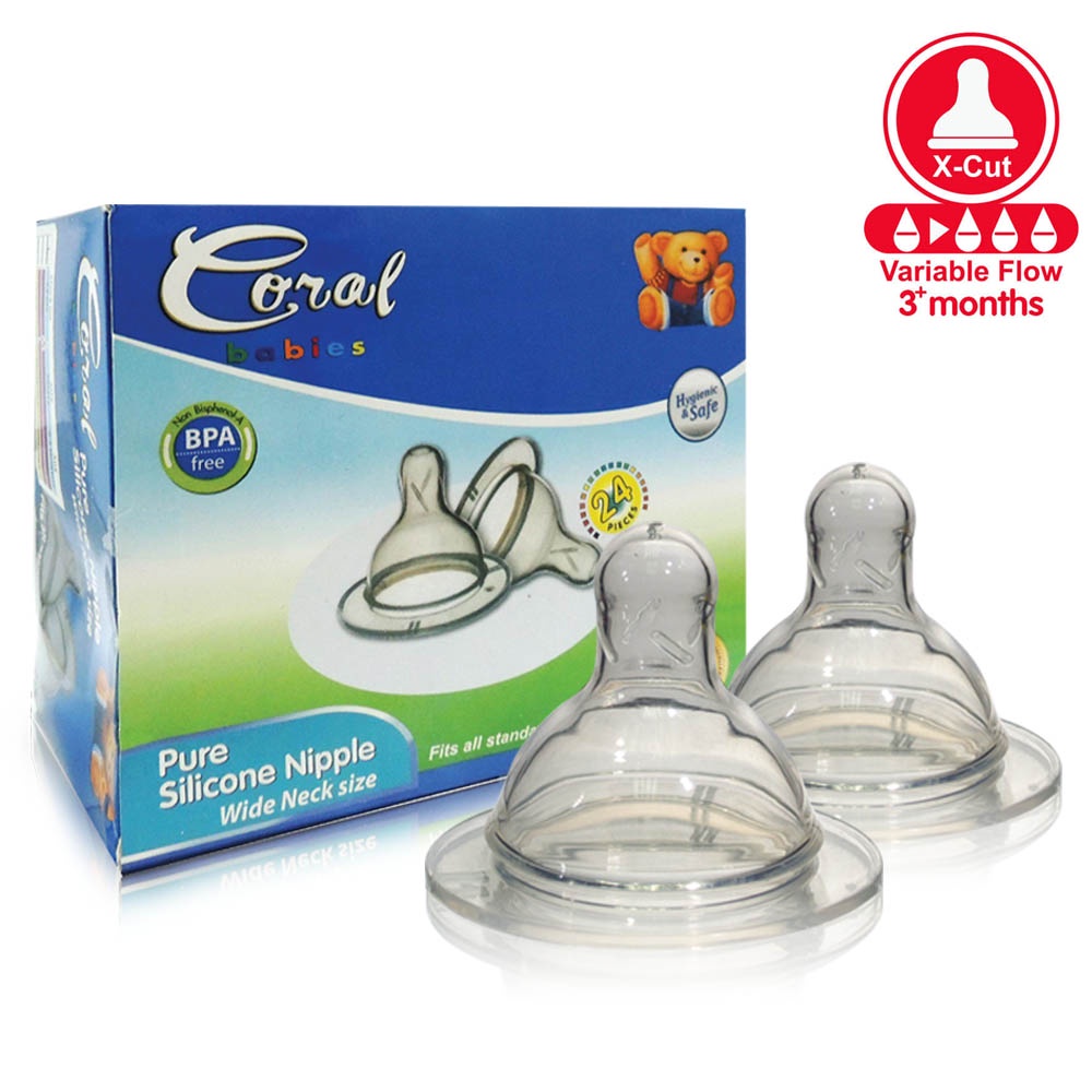 Coral Babies Pure Silicone Wide neck Bottle Nipples Nipple Size XCut