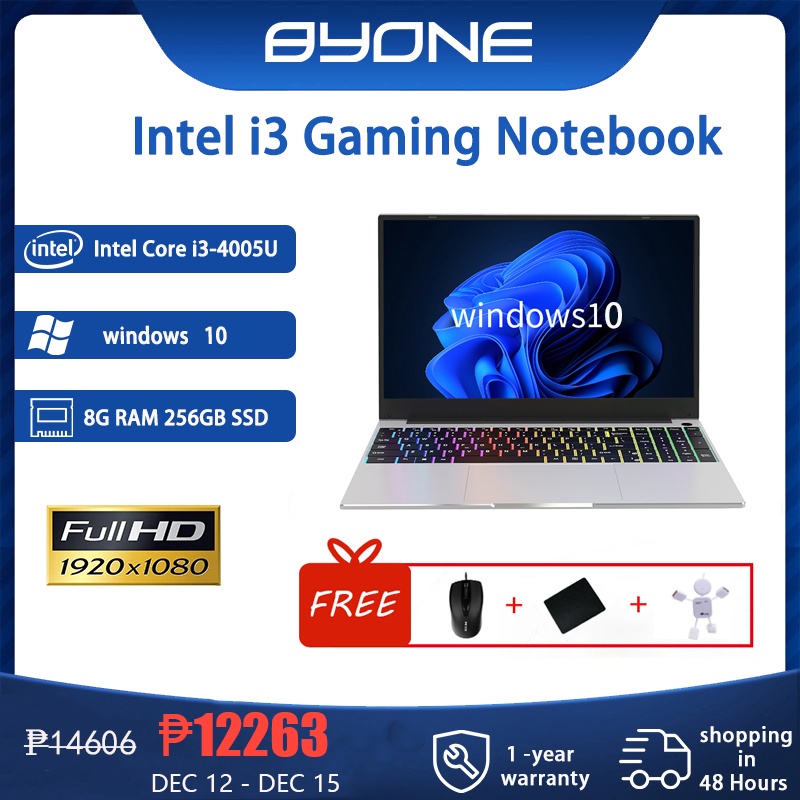 BYONE 15.6 Inch Gaming Laptop Intel Core i34005U 8GB RAM 256GB SSD FHD