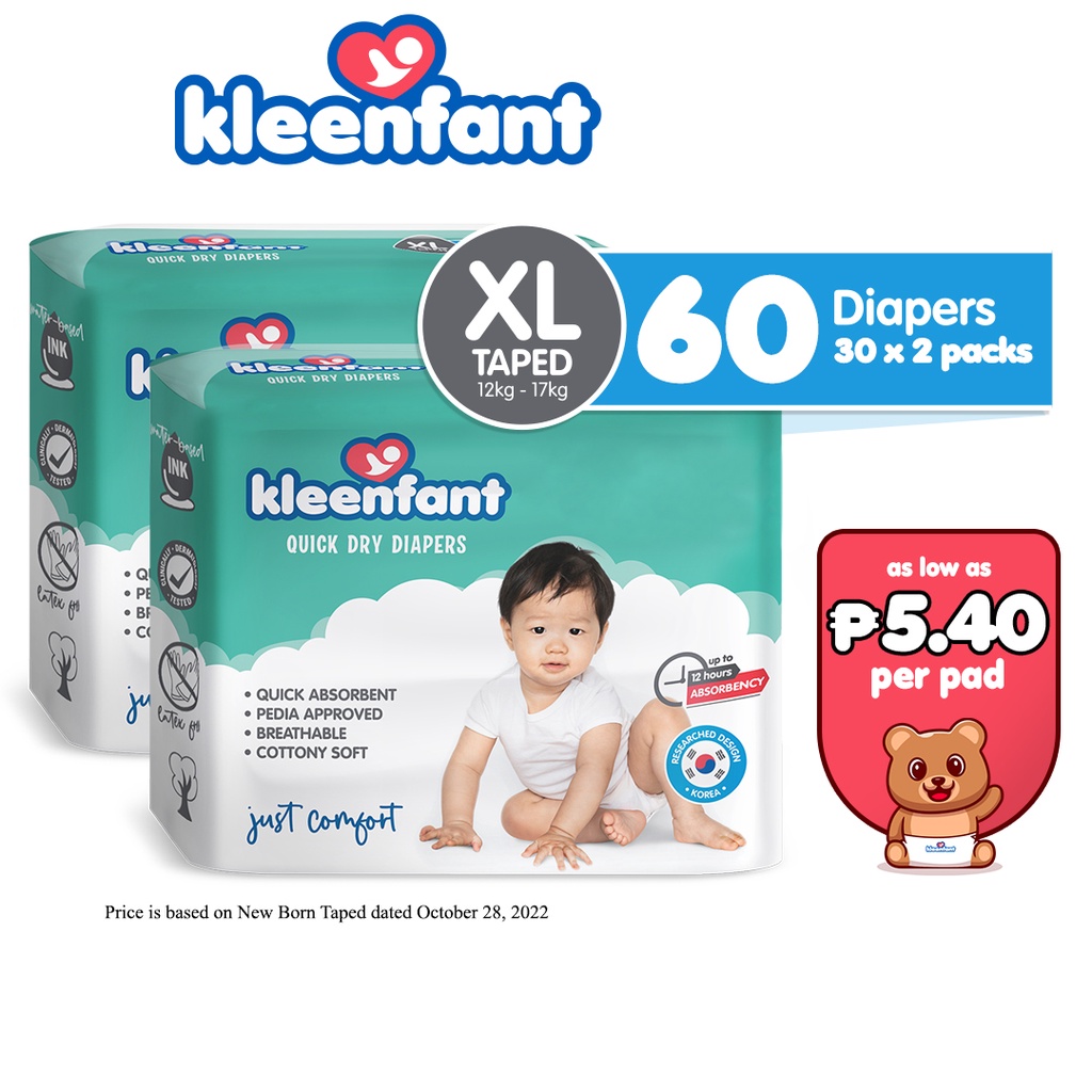 Kleenfant Diaper for Baby Taped XL Pack of 2, 60 pad Baby Needs