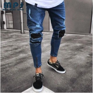 MPJ Man's Denim Slim Fit Denim Trousers ripped Steet Style Zipper Design