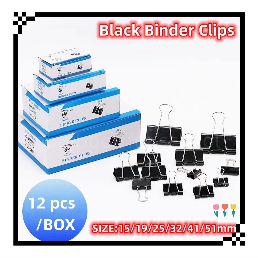 12pcs Black Binder Clips Paper Multipurpose 15mm 19mm 25mm 32mm 41mm