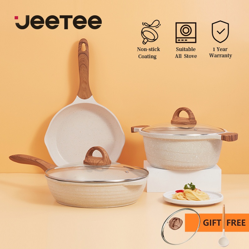 JEETEE Non Stick Frying Pan Kitchen Cookware Set 6Pcs Kawali Wok Pan Maifan Stone Casserole Pot