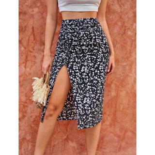 Angelcity Floral Print Ruched Split Hem Skirt Korean Fashion Slim