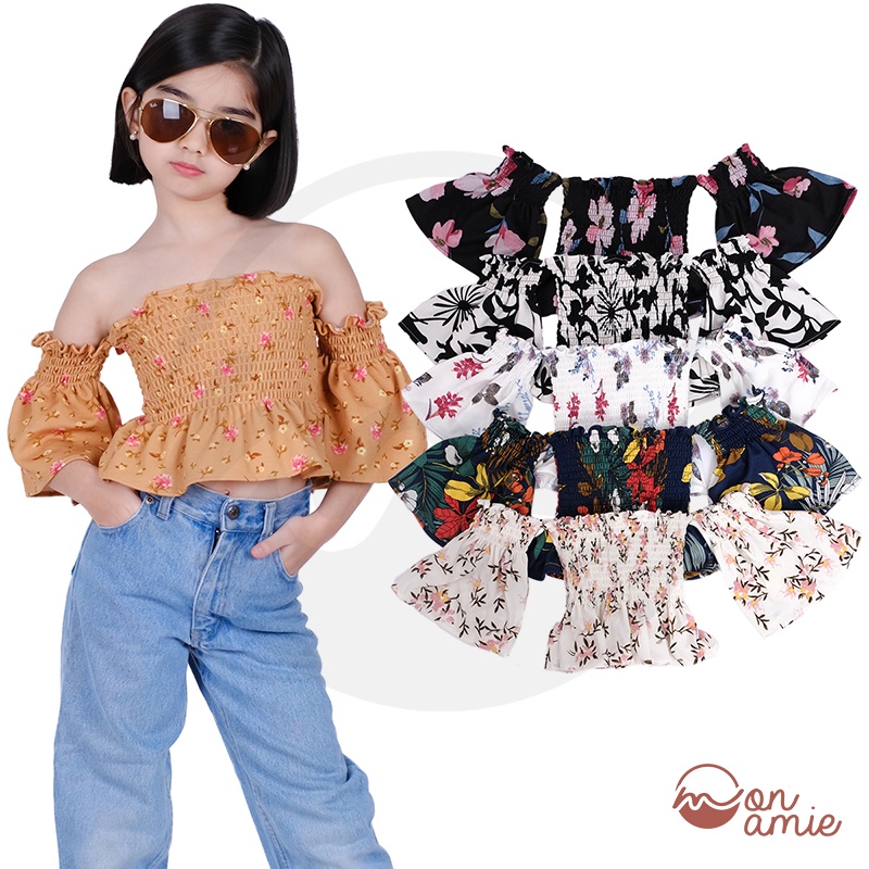 MONAMIEPH CLOVER KIDS BABY GIRL OFF SHOULDER BELL SLEEVES SMOCKING DAILY BASIC TOP 8106