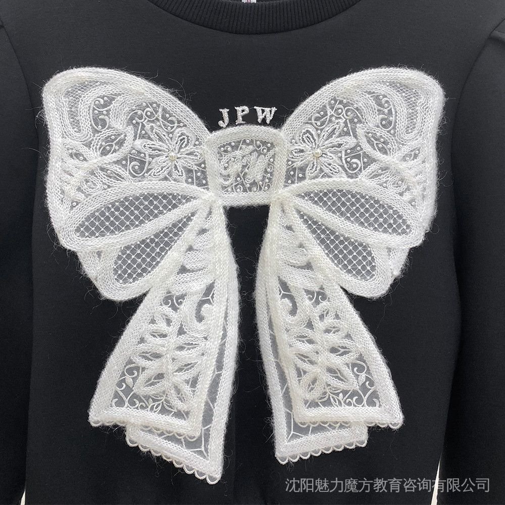 2022 Commuter Casual Round Neck Embroidered Bow Knit Stitching Pullover Fake Two-Piece Sweatshirt cxb 12/1