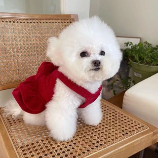 [Ready Stock] [New Style] Pet Clothes Autumn Winter New Style Red Bow Skirt Dress Teddy Bichon Dog Cat Christmas Year