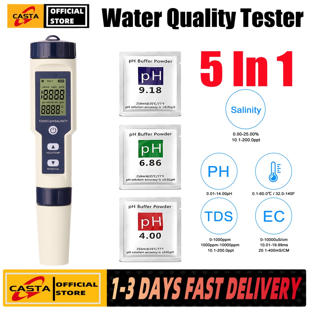 Casta 5-in-1 Salinity/TDS/EC/PH//Temperature Meter pH Tester Digital ...
