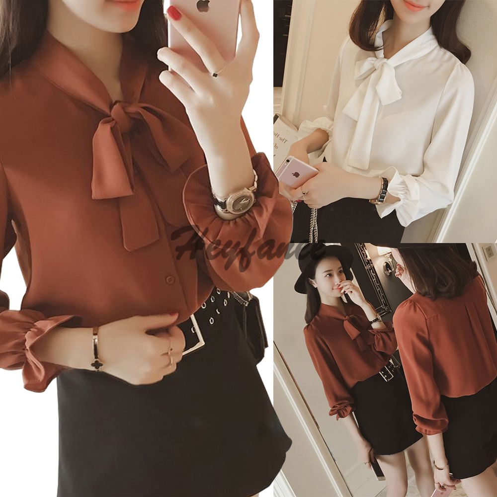 Blouse for Women Puff Ruffle Long Sleeve BowKnot Chiffon Shirt Korean