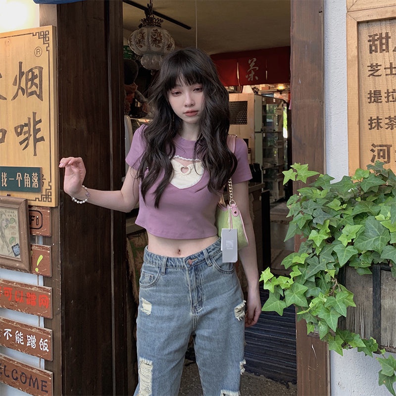 Korean Style Hollow Love Y2k Crop Tops Women Harajuku Brown Tops Sexy