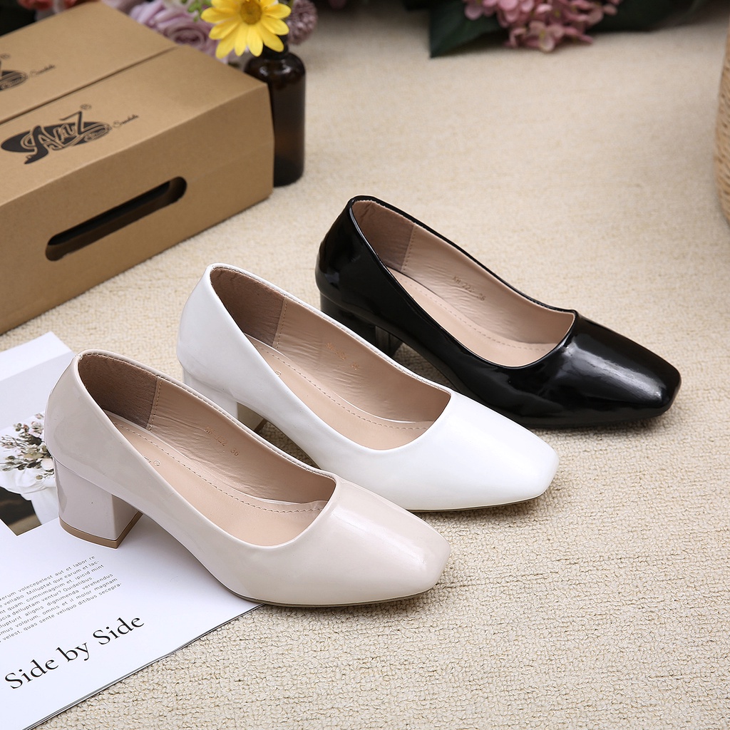 LIN] New 2 inch Korean fashion square toe glossy leather high heels women's  shoes | Shopee Philippines