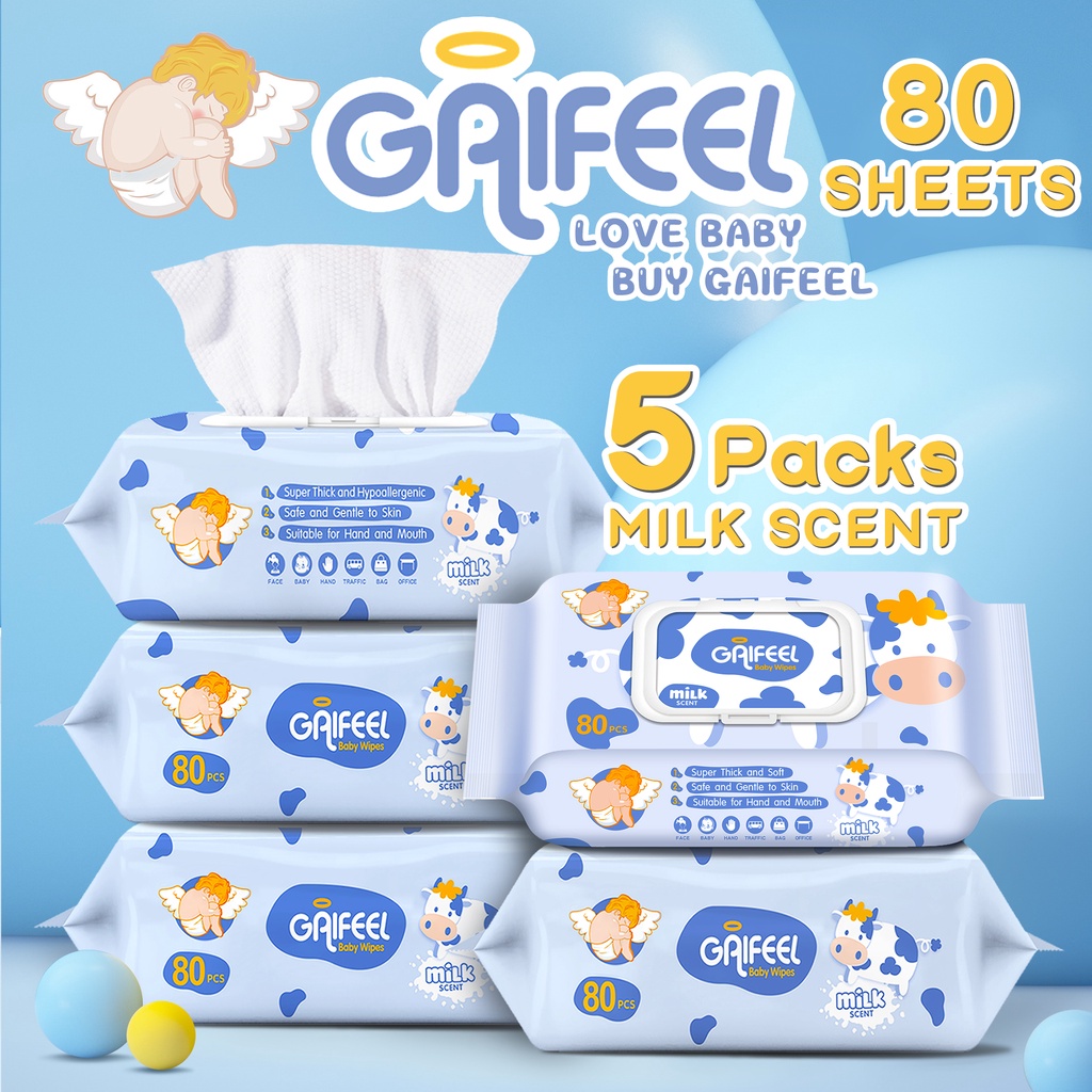 GAIFEEL Baby Wipes Milk Scent Baby Wipes 80PCS Pack of 5 Shopee