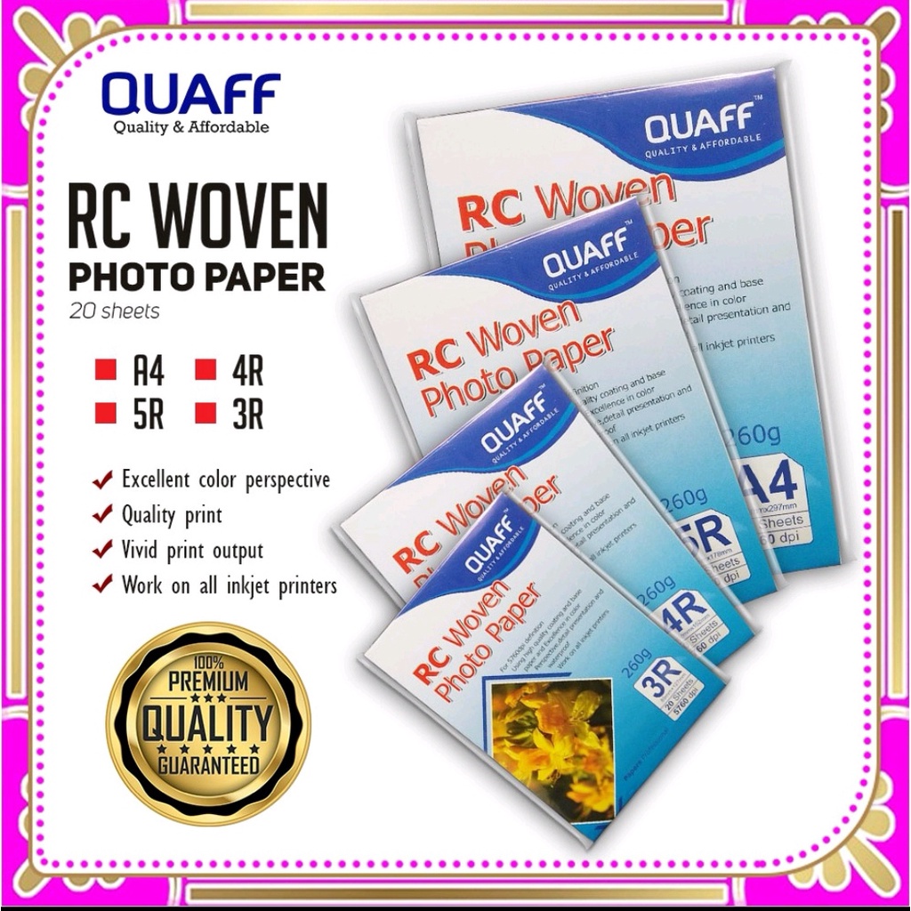 QUAFF RC Woven Photo Paper ResinCoated 260gsm No Back Print A4 5R 4R 3R Size (20 sheets