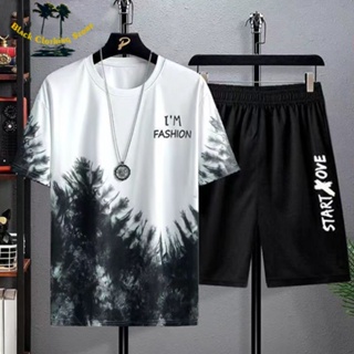 2-piece Men's Suit 2022 Summer Short-sleeved T-shirt + Short Two-piece Sets Men Ice Silk High-qualit