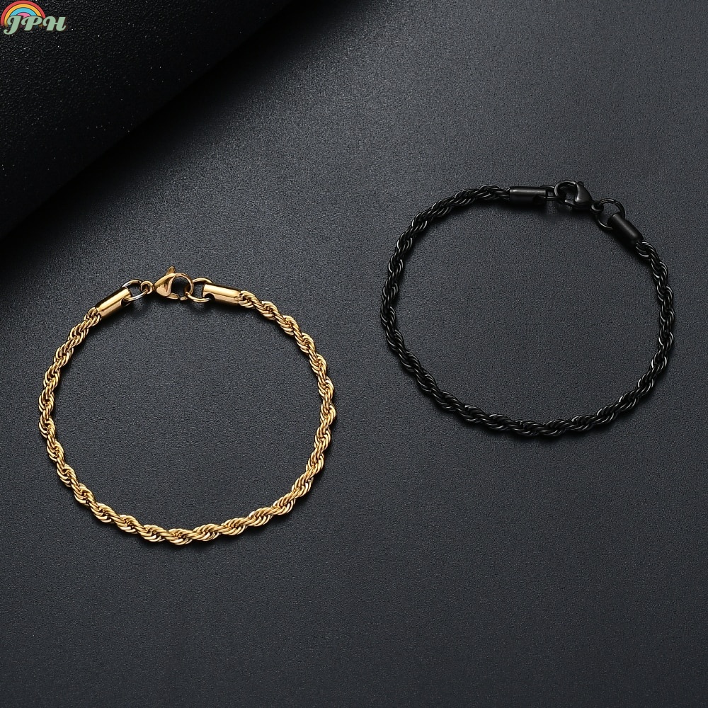 316L Stainless Steel Plated Gold Black Twisted Rope Chain Bracelet For ...