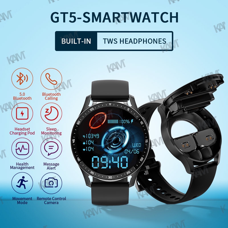Kam GT5 Smart Watch Headphones for Men and Women 2 in 1 TWS Wireless