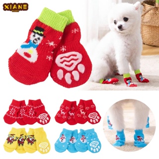 4Pcs Christmas Pet Dog Socks with Print Anti-Slip Cats Puppy Shoes Paw Protector Products
