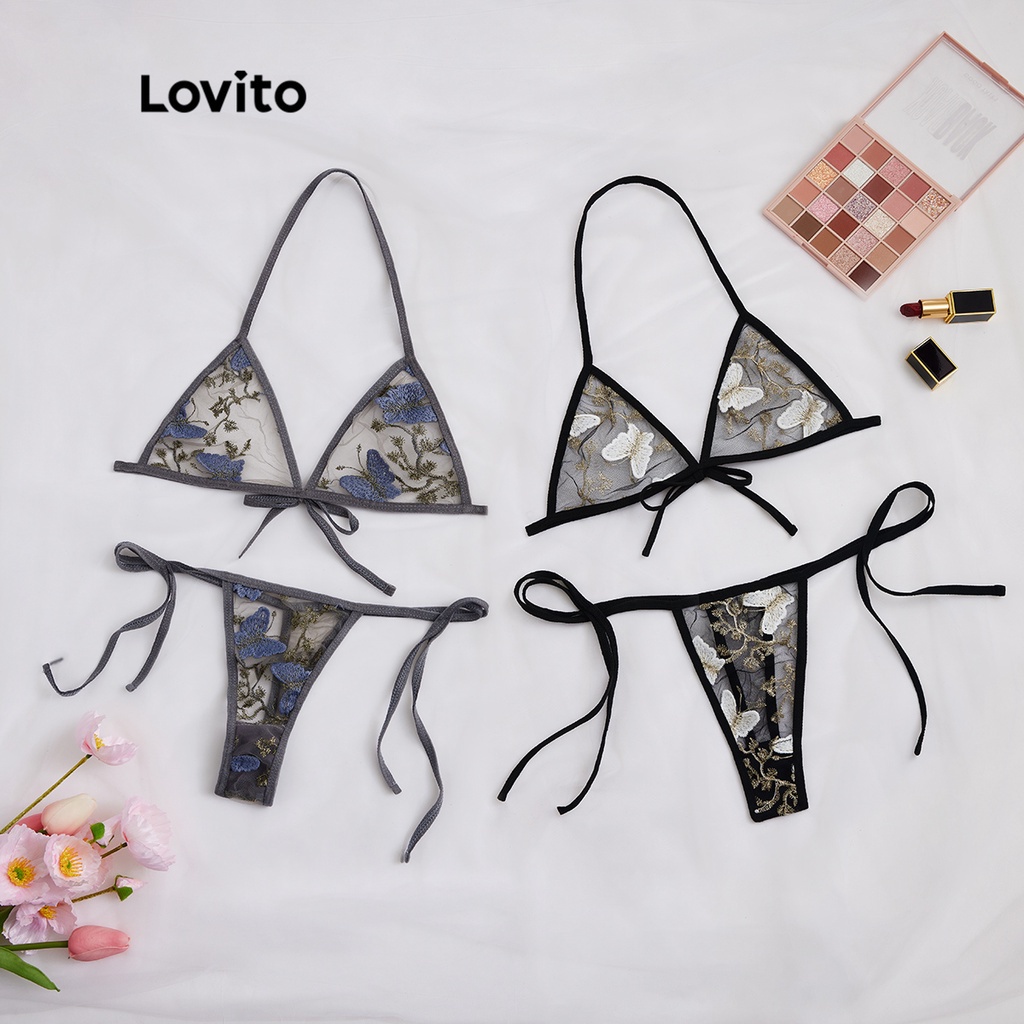 Lovito Butterfly Sexy Butterfly Appliques Embroidery Lace Up Sheer Triangle Bra No Pad Sexy