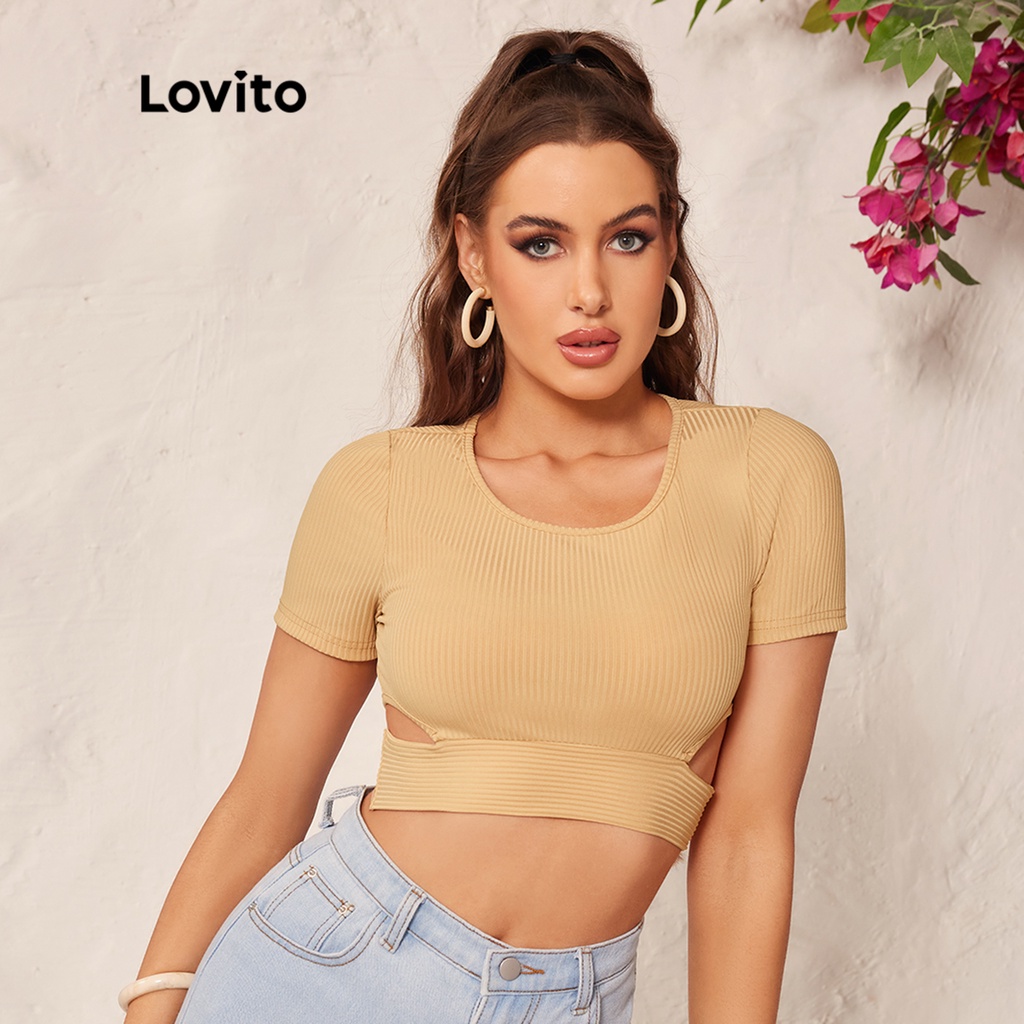 Lovito Casual Plain Rib Knit Cut Out Women TShirt L36LD016 (Khaki