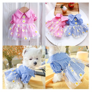 Summer Fashion Dress for Pet Dog Female Flower Daisy Gauze Pink Blue Checkered Plaid Dog Gowns Puppy Cat Birthday Wedding Dress