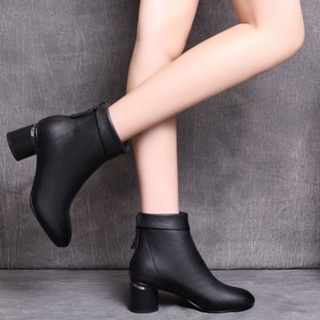 Real Soft Leather Short Boots Women 2022 Autumn Winter New Style Martin Versatile Thick Heel Mid-Heel Plus Velvet Large