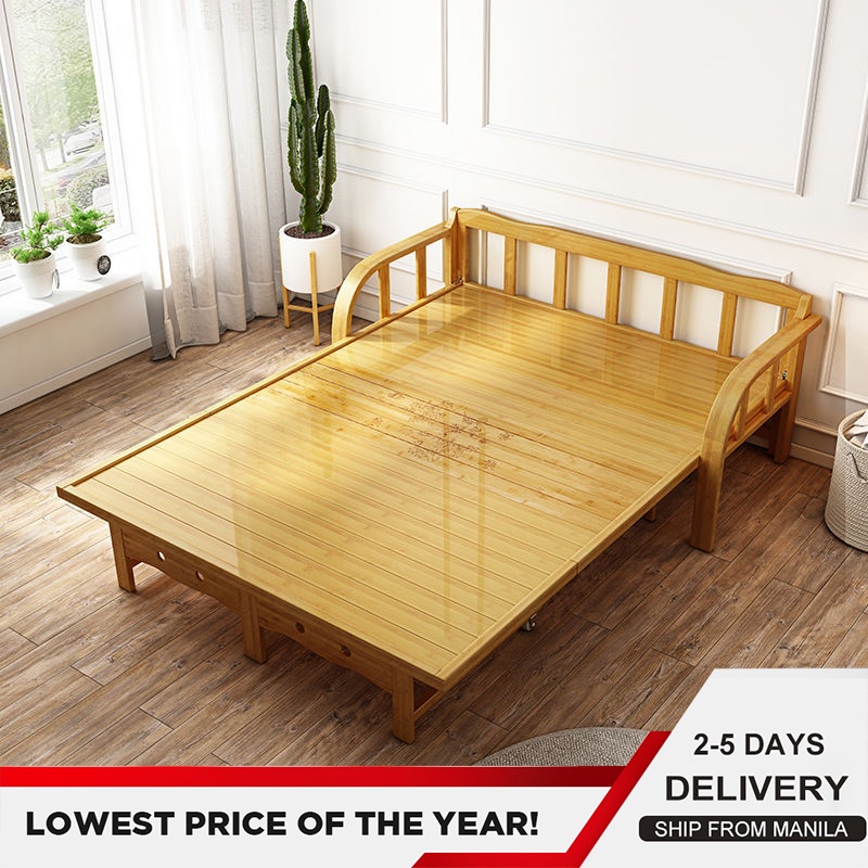 Folding solid wood bed dualpurpose double single multifunctional household solid wood bamboo