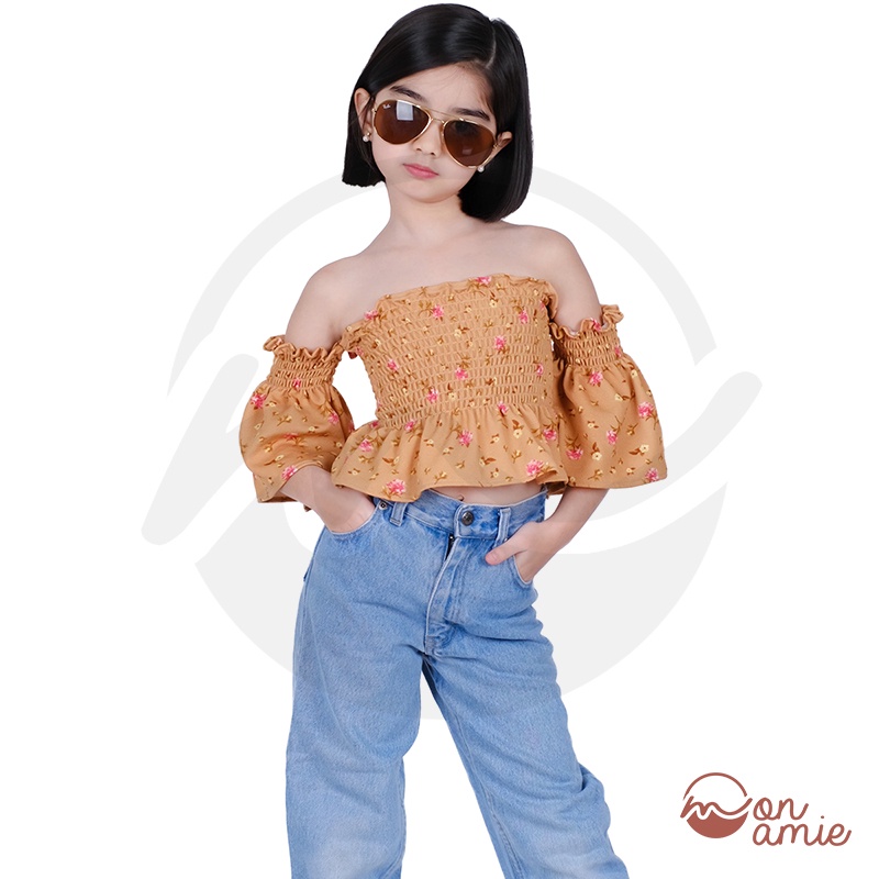 MONAMIEPH CLOVER KIDS BABY GIRL OFF SHOULDER BELL SLEEVES SMOCKING DAILY BASIC TOP 8106