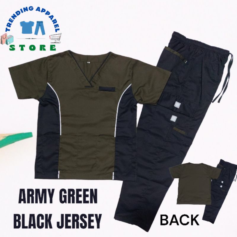 Scrub Suit Set Military, / army Green /Black Jersey Cargo with 6