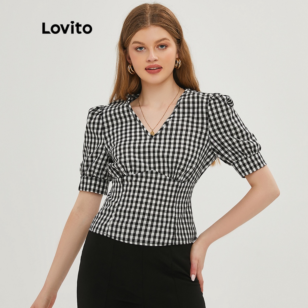 Lovito Vintage Gingham V Neck Puff Sleeves Blouses for Women L20D236 ...